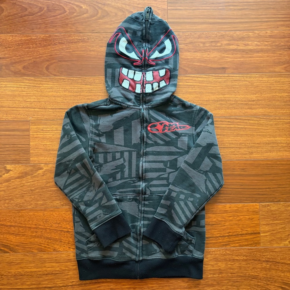 No Fear Boys Full Zip Monster Face Mask Hoodie S Gray Camo Skater Sweatshirt